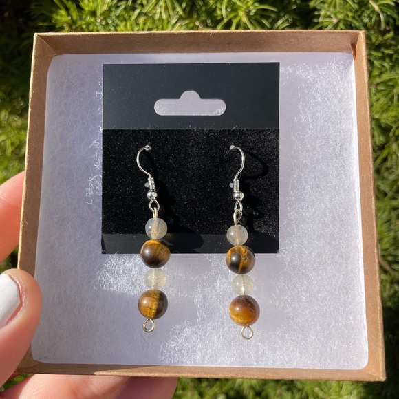 Labradorite + Tiger Eye Beaded Earrings | Crystal Hand Crafted - Picture 4 of 5